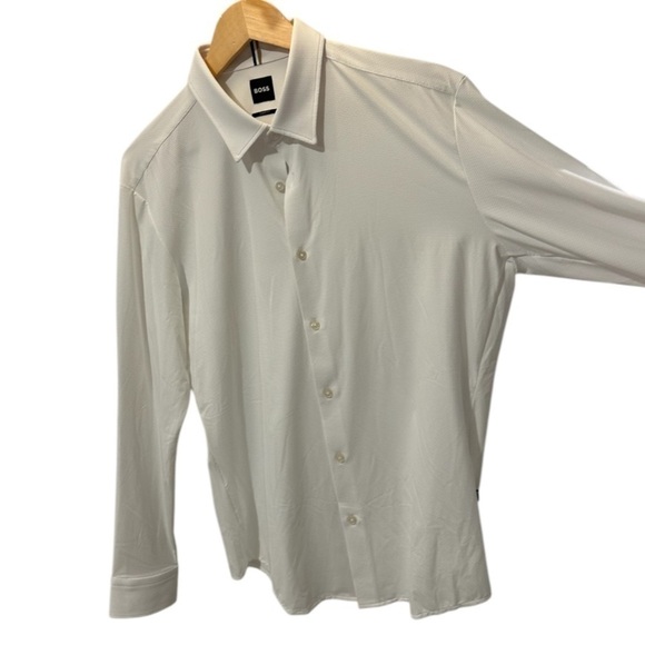 Hugo Boss Sharp-Fit Shirt In Textured Performance-Stretch Jersey White Large - Picture 6 of 11